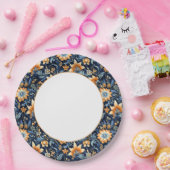 Donkerblauw Bloemen Paisley Border Papieren Bordje (Feest)