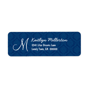 Donkerblauw Damask Monogram M Bruiloft V608 Etiket