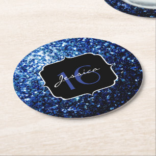 Donkerblauw diep glanzend glitter sparkle Sweet 16 Ronde Kartonnen Onderzetter