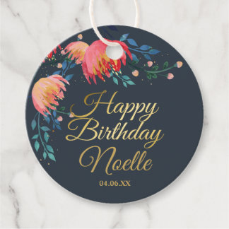 Donkerblauw, elegant, witte bloemen, goudaccent bedankjes labels