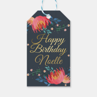Donkerblauw, elegant, witte bloemen, goudaccent cadeaulabel