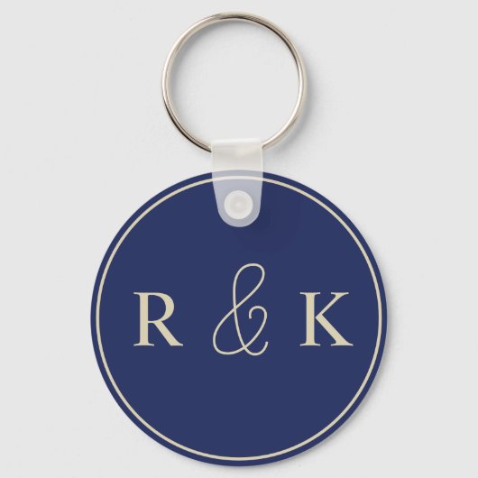 Donkerblauw en beige monogram sleutelhanger (Voorkant)