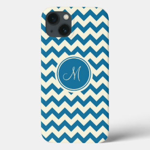 Donkerblauw en beige retro Chevron Monogram iPhone 13 Hoesje