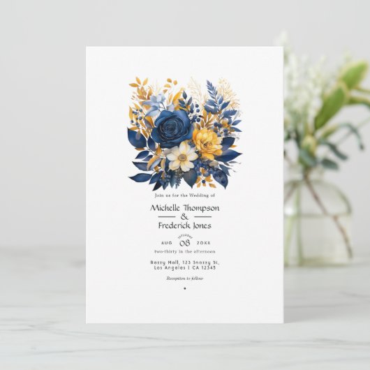 Donkerblauw en Goud Bloemen Bruiloft Kaart (Staand voorkant)