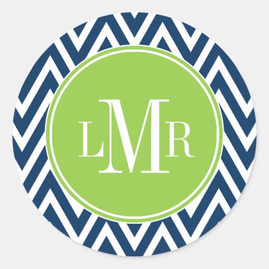 Donkerblauw en groene Chevrons Monogram Ronde Sticker (Voorkant)
