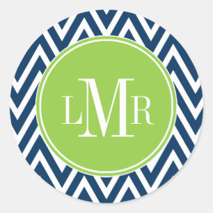 Donkerblauw en groene Chevrons Monogram Ronde Sticker