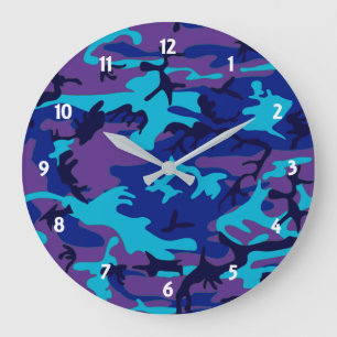 Donkerblauw en Paarse wandklok rond Camouflage Grote Klok