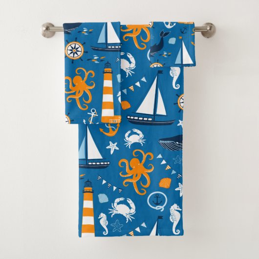 Donkerblauw en Sinaasappel Nautisch Scene Pattern  Bad Handdoek (Insitu)
