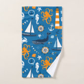 Donkerblauw en Sinaasappel Nautisch Scene Pattern  Bad Handdoek (Handdoek)