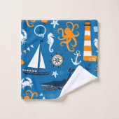 Donkerblauw en Sinaasappel Nautisch Scene Pattern  Bad Handdoek (Wasdoekje)