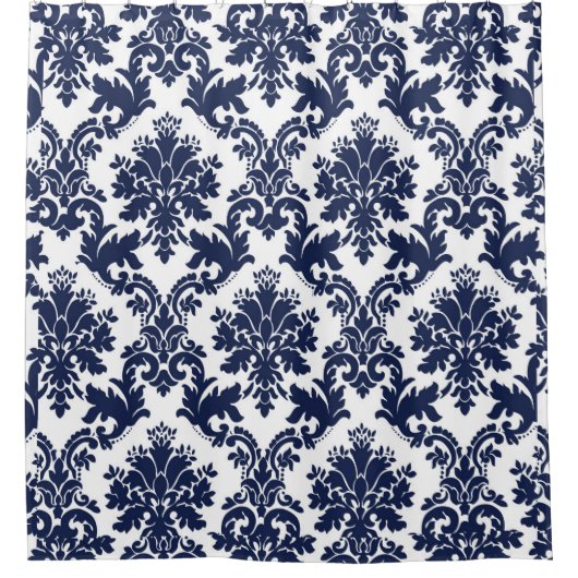 Donkerblauw en wit damastpatroon douchegordijn (Voorkant)