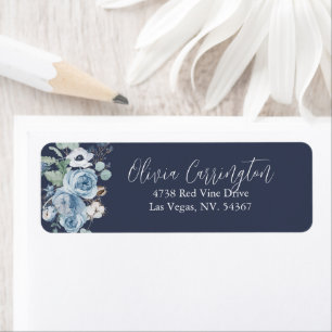 Donkerblauw en wit Floral label