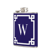 Donkerblauw en wit Grieks Key Border Monogram Heupfles (Links)