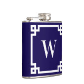 Donkerblauw en wit Grieks Key Border Monogram Heupfles (Rechts)