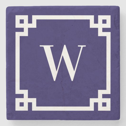 Donkerblauw en wit Grieks Key Border Monogram Stenen Onderzetter (Voorkant)