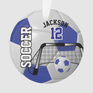 Donkerblauw en wit personaliseer Voetbal Ornament
