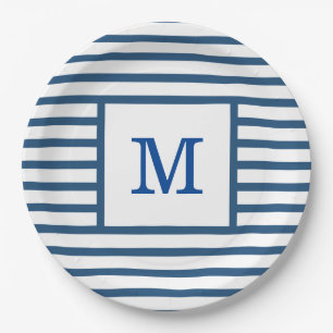 Donkerblauw en witte strepen - aangepast monogram papieren bordje