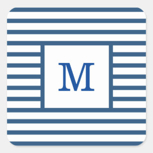 Donkerblauw en witte strepen, aangepast monogram vierkante sticker