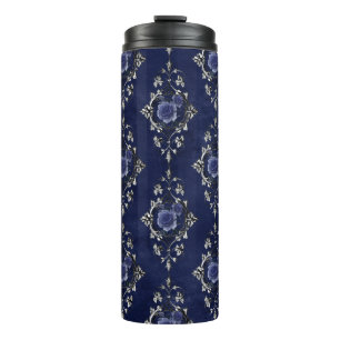 Donkerblauw en zilver vintage grunge bloemmotief d thermosbeker