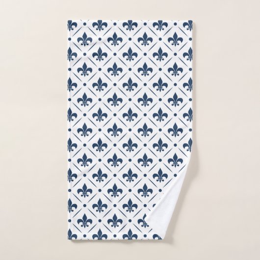 Donkerblauw Fleur De Lis patroon op witte achtergr Bad Handdoek (Handdoek)