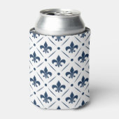 Donkerblauw Fleur De Lis patroon op witte achtergr Blikjeskoeler (Blikje Voorkant)