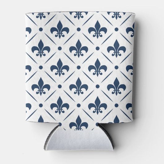 Donkerblauw Fleur De Lis patroon op witte achtergr Blikjeskoeler (Voorkant)