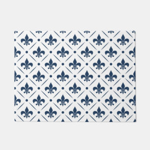 Donkerblauw Fleur De Lis patroon op witte achtergr Deurmat