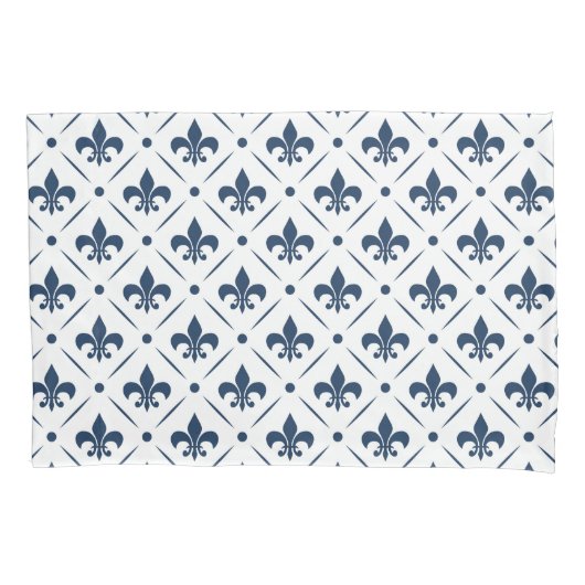 Donkerblauw Fleur De Lis patroon op witte achtergr Kussensloop (Voorkant)