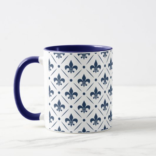 Donkerblauw Fleur De Lis patroon op witte achtergr Mok (Links)