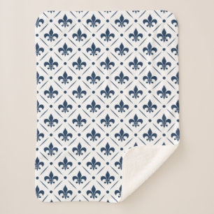 Donkerblauw Fleur De Lis patroon op witte achtergr Sherpa Deken
