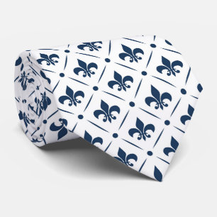 Donkerblauw Fleur De Lis patroon op witte achtergr Stropdas
