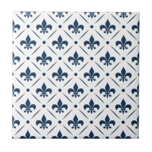 Donkerblauw Fleur De Lis patroon op witte achtergr Tegeltje