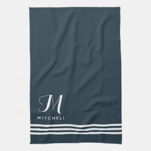 Donkerblauw geavanceerde strips en monogram theedoek