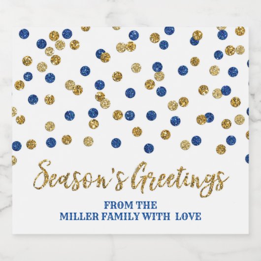 Donkerblauw Goud Confetti Seizoen Groeten Custom Sparkling Wijnetiket (Enkel label)