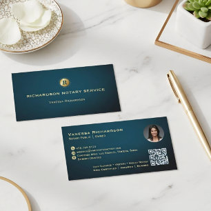 Donkerblauw & Goud Monogram Slecht Notaris QR Foto Visitekaartje