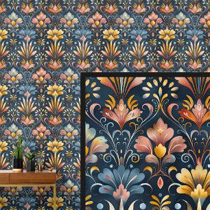 Donkerblauw Goud Sinaasappel Art Nouveau Behang
