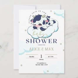 Donkerblauw Grijs Sleepy Koe Wit Cloud Baby shower Kaart