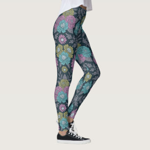 Donkerblauw, groen en Paars Floral Leggings