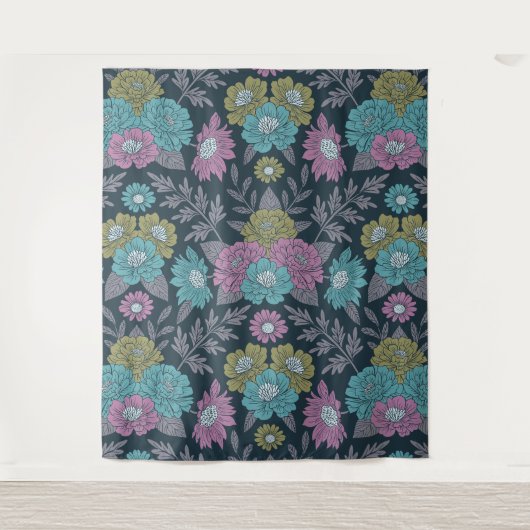 Donkerblauw, groen en Paars Floral Wandkleed (Voorkant)