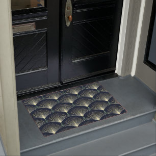 Donkerblauw kunstdeco stijlvol geometrisch patroon deurmat