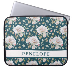 Donkerblauw met bloem en naam laptop sleeve