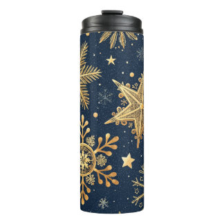 DONKERBLAUW MET GOUDEN WINTERVLOKKEN THERMOSBEKER
