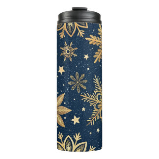 DONKERBLAUW MET GOUDEN WINTERVLOKKEN THERMOSBEKER