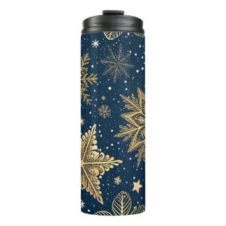 DONKERBLAUW MET GOUDEN WINTERVLOKKEN THERMOSBEKER