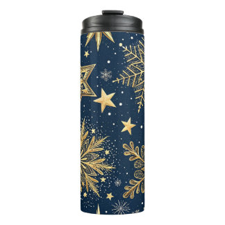 DONKERBLAUW MET GOUDEN WINTERVLOKKEN THERMOSBEKER