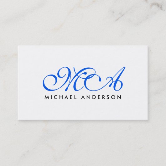 Donkerblauw Monogram Elegant Script Plain White Visitekaartje (Voorkant)