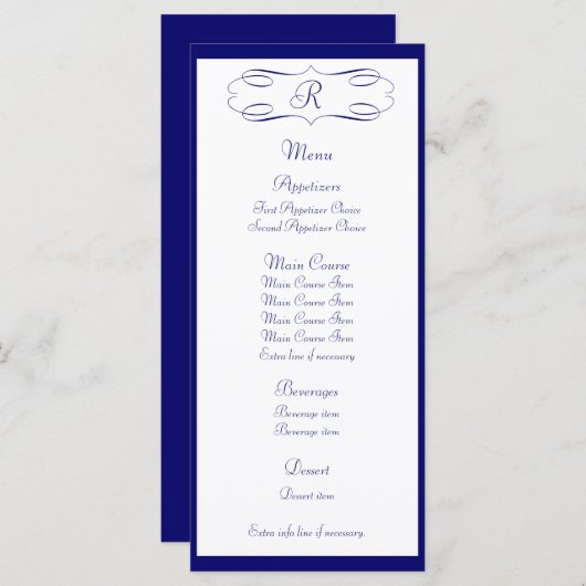 Donkerblauw Monogram Trouwmenu Menu (Voorkant / Achterkant)