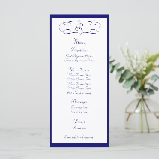 Donkerblauw Monogram Trouwmenu Menu (Staand voorkant)