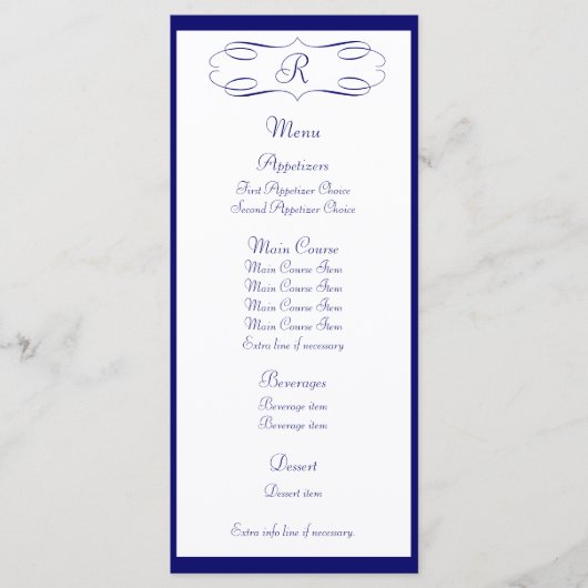 Donkerblauw Monogram Trouwmenu Menu (Voorkant)