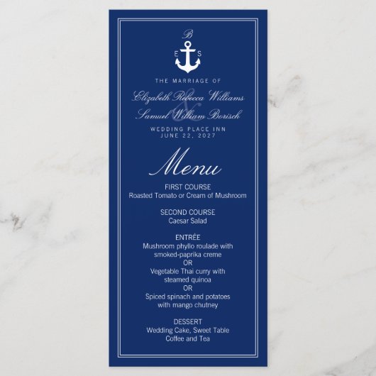 Donkerblauw Nautical Monogram Anchor Wedding Menu (Voorkant)